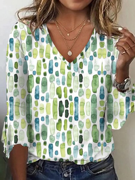 Women's Three Quarter Sleeve Tee T-shirt Spring/Fall Abstract Geometry Jersey V Neck Daily Going Out Casual Top Green, JustFashionNow T-Shirts, color:Green|size:XXL,