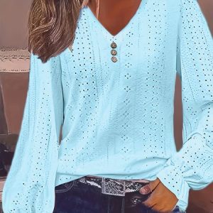 V Neck Long Sleeve Plain Lace Regular Loose Blouse For Women, Blouses, color:Blue|size:XL, catalog Noracora shop