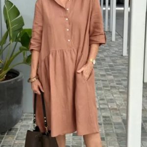 Women Plain Shirt Collar Half Sleeve Comfy Casual Midi Dress, Dresses, color:Light Brown|size:3XL, catalog Noracora shop