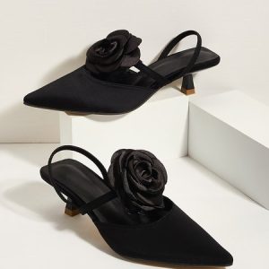 Elegant Rose Satin Kitten Heeled Slingback Pumps, Heels, color:Black|size:43, Stylewe