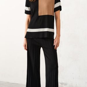 Women Color Block Crew Neck Half Sleeve Comfy Casual Top With Pants Two-Piece Set, Sets, color:Black|size:M, catalog Noracora shop