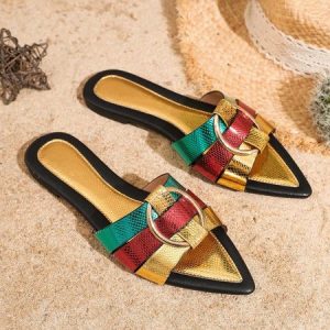 Color-block Weave Metal Ring Decorated Slide Sandals, Slippers, color:Golden|size:43, Stylewe