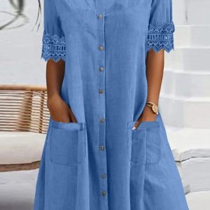 Women's Short Sleeve Summer Plain Lace Dress Shirt Collar Daily Going Out Casual Mini H-Line, JustFashionNow Dresses, color:Blue|size:XXL,