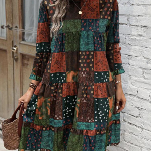 Women Ethnic Crew Neck Long Sleeve Comfy Casual Mini Dress, Dresses, color:Wine Red|size:XXL, catalog Noracora shop