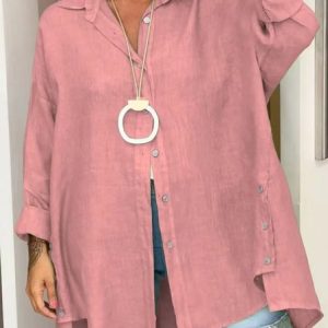 Shirt Collar Long Sleeve Plain Regular Loose Shirt For Women, Shirts, color:Pink|size:4XL, catalog Noracora shop