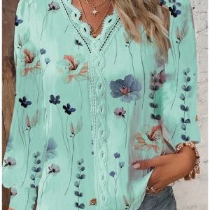 Long Sleeve Floral Regular Loose Blouse For Women, Blouses, color:Green|size:XXL, catalog Noracora shop