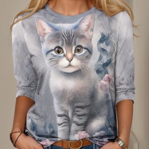 Jersey Crew Neck Cat Casual T-Shirt, Long sleeves, Lilicloth.com