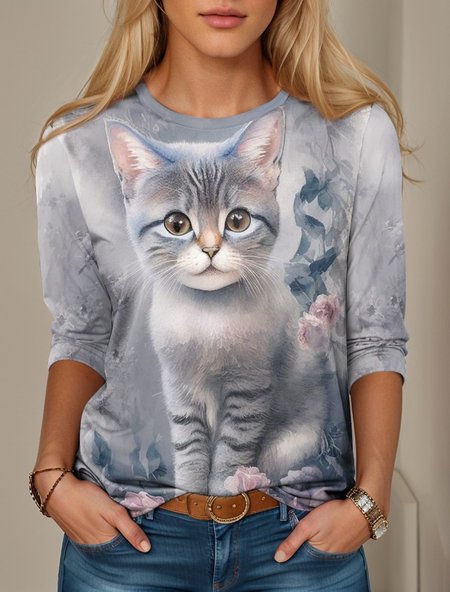 Jersey Crew Neck Cat Casual T-Shirt, Long sleeves, Lilicloth.com