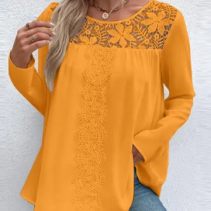 Crew Neck Long Sleeve Plain Lace Regular Regular Fit Blouse For Women, Blouses, color:Orange|size:5XL, catalog Noracora shop