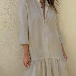 Women Striped V Neck Three Quarter Sleeve Comfy Casual Buckle Maxi Dress, Dresses, color:Apricot|size:XXL, catalog Noracora shop