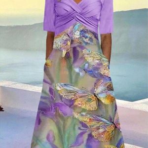 Women Floral V Neck Half Sleeve Comfy Casual Maxi Dress, Dresses, color:Purple|size:3XL, catalog Noracora shop