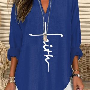 Notched Three Quarter Sleeve Letter Pattern Lace Regular Micro-Elasticity Loose Blouse For Women, Blouses, color:Blue|size:4XL, catalog Noracora shop