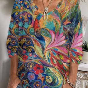 Casual Abstract V Neck Long Sleeve T-shirt, T-shirts, color:Multicolor|size:XXL, catalog Noracora shop