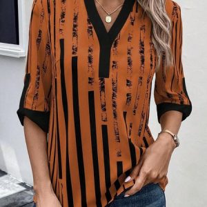 V Neck Half Sleeve Abstract Stripes Regular Loose Shirt For Women, Blouses, color:Orange|size:XXL, catalog Noracora shop