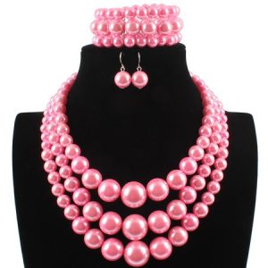3pcs/set Elegant Imitation Pearl Multilayer Necklace Party Jewelry Set, Necklace, color:Pink|size:One-size, catalog Noracora shop