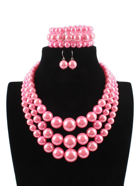 3pcs/set Elegant Imitation Pearl Multilayer Necklace Party Jewelry Set, Jewelry, color:Pink|size:One-size, Stylewe