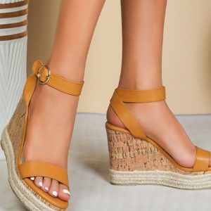 Casual Plain Blocking Hook-Loop High Heel Wedge Sandals, Women shoes, color:Brown|size:41, catalog Noracora shop