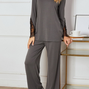 Women Geometric Crew Neck Long Sleeve Comfy Casual Top With Pants Two-Piece Set, Sets, color:Deep Gray|size:XXL, catalog Noracora shop