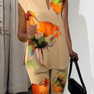 Stand Collar Cap Sleeve Casual Abstract Blouse, Blouses and Shirts, color:As Picture|size:XXL, Stylewe