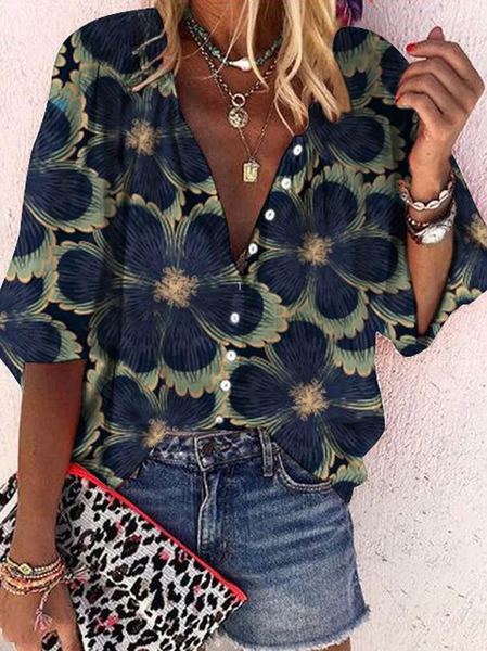 Women's Half Sleeve Shirt Summer Floral V Neck Daily Going Out Casual Top Multicolor, JustFashionNow Shirts, color:Multicolor|size:XXL,