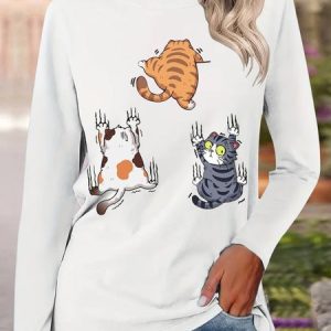 Casual Animal Crew Neck Long Sleeve T-shirt, T-shirts, color:White|size:3XL, catalog Noracora shop
