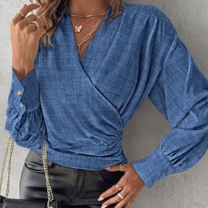 V Neck Long Sleeve Geometric Regular Regular Fit Blouse For Women, Blouses, color:Blue|size:XXL, catalog Noracora shop
