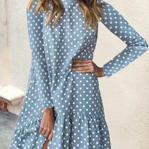 Women Polka Dots Turtleneck Long Sleeve Comfy Casual Mini Dress, Midi, color:Blue|size:XXL, catalog Noracora shop