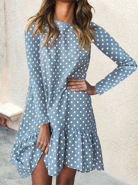Women's Long Sleeve Spring/Fall Polka Dots Dress Turtleneck Daily Going Out Casual Mini H-Line, JustFashionNow Dresses, color:Blue|size:XXL,