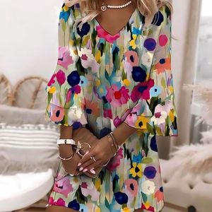 Women Floral V Neck Three Quarter Sleeve Comfy Casual Midi Dress, Dresses, color:Multicolor|size:XXL, catalog Noracora shop