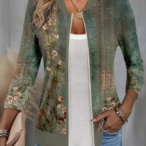 Women's Floral Zipper Regular Loose Jacket, Outerwear, color:Green|size:XL, catalog Noracora shop