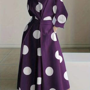 Women Polka Dots Shirt Collar Long Sleeve Comfy Casual Maxi Dress, Dresses, color:Purple|size:XXL, catalog Noracora shop