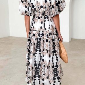 Women wedding guest dress Floral V Neck Short Sleeve Comfy Casual Maxi Dress, Maxi, color:Black-white|size:XL, catalog Noracora shop