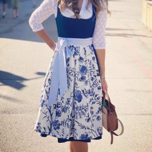Elegant V Neck Lace-Up Floral  Dirndl Dress Three Piece, Midi Dresses, color:Blue|size:XXL, Stylewe