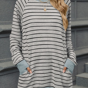 Casual Striped Crew Neck Long Sleeve T-shirt, T-shirts, color:Light Gray|size:XXL, catalog Noracora shop