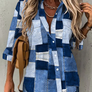 Long Sleeve Geometric Regular Loose Shirt For Women, Shirts, color:Royal Blue|size:3XL, catalog Noracora shop