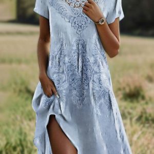 Women Floral Shirt Collar Short Sleeve Comfy Casual Lace Midi Dress, Midi, color:Light Blue|size:XXL, catalog Noracora shop