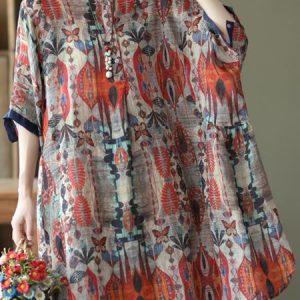 Crew Neck Half Sleeve Botanical Pattern Regular Loose Shirt For Women, Blouses, color:Red|size:XL, catalog Noracora shop