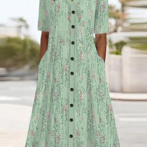 Women Floral V Neck Short Sleeve Comfy Casual Midi Dress, Dresses, color:Green|size:XXL, catalog Noracora shop