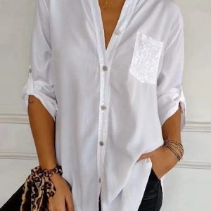 Shirt Collar Long Sleeve Plain Regular Loose Shirt For Women, Shirts, color:White|size:5XL, catalog Noracora shop