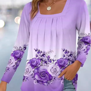 Square Neck Long Sleeve Floral Regular Medium Elasticity Regular Fit Blouse For Women, Blouses, color:Purple|size:XXL, catalog Noracora shop