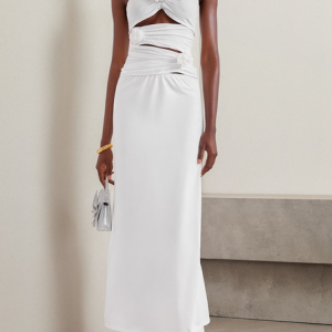 Women Plain Halter Sleeveless Comfy Vacation Ruched Maxi Dress, Dresses, color:White|size:L, catalog Noracora shop