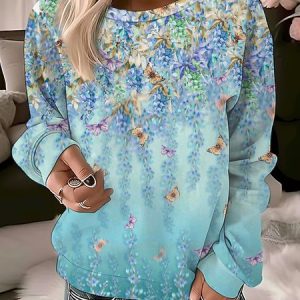 Vintage Crew Neck Floral Sweatshirt Printing, Hoodies & Sweatshirts, color:Blue|size:XXL, catalog Noracora shop