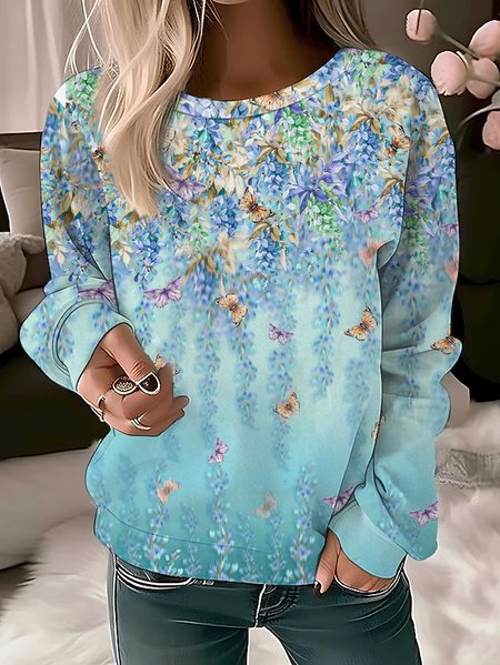 Floral Design Round Neck Casual Sweatshirt, JustFashionNow Sweatshirts & Hoodies, color:Blue|size:XXL,