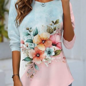 Women's Long Sleeve Tee T-shirt Spring/Fall Floral Jersey Crew Neck Daily Going Out Casual Top Pink, JustFashionNow T-Shirts, color:Pink|size:XXL,