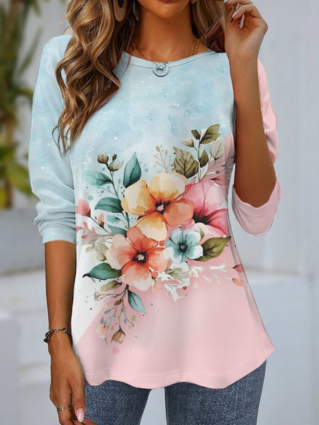 Women's Long Sleeve Tee T-shirt Spring/Fall Floral Jersey Crew Neck Daily Going Out Casual Top Pink, JustFashionNow T-Shirts, color:Pink|size:XXL,