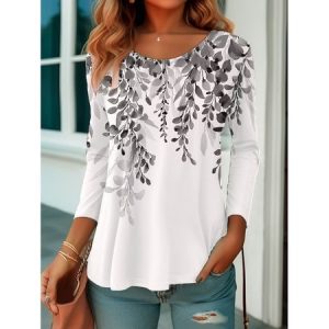 Casual Leaf Crew Neck Long Sleeve T-shirt, T-shirts, color:Gray|size:5XL, catalog Noracora shop