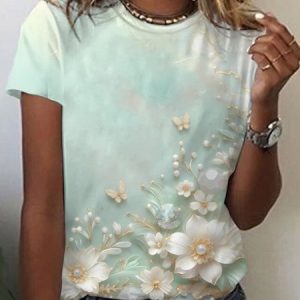 Women's Long Sleeve Tee T-shirt Spring/Fall Floral Jersey V Neck Daily Going Out Casual Top Green, JustFashionNow T-Shirts, color:Green|size:XXL,