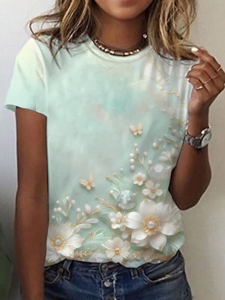Women's Long Sleeve Tee T-shirt Spring/Fall Floral Jersey V Neck Daily Going Out Casual Top Green, JustFashionNow T-Shirts, color:Green|size:XXL,