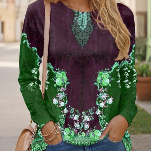 Casual Ethnic Crew Neck Long Sleeve T-shirt, T-shirts, color:Green|size:5XL, catalog Noracora shop