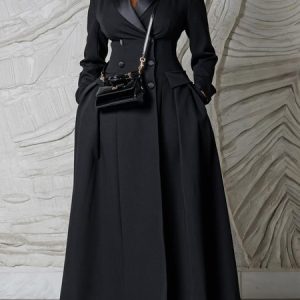 Urban Buttoned Plain Lapel Collar Pockets Maxi Dress, Maxi Dresses, color:Black|size:XXL, Stylewe